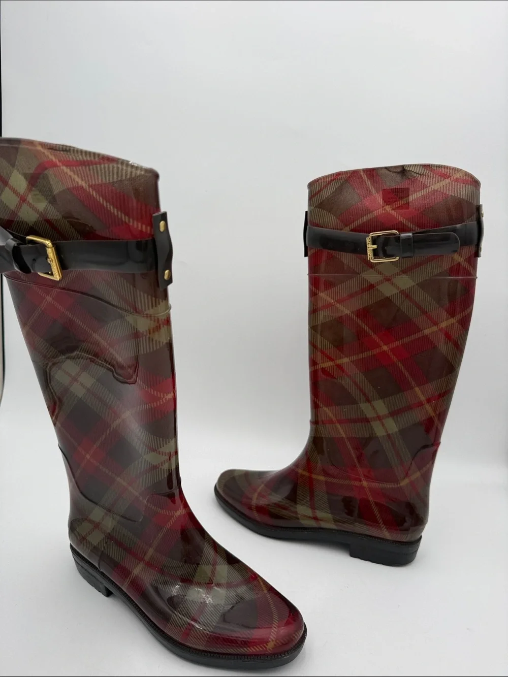 Lauren Ralph Lauren Red Plaid Tall Rain Boots women 6  Black Strap outdoor